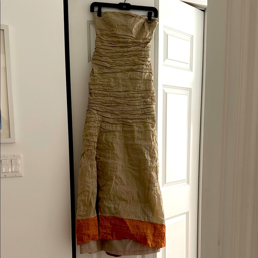 Nicole Miller Gold and Orange Ruched Strapless Cocktail Dress